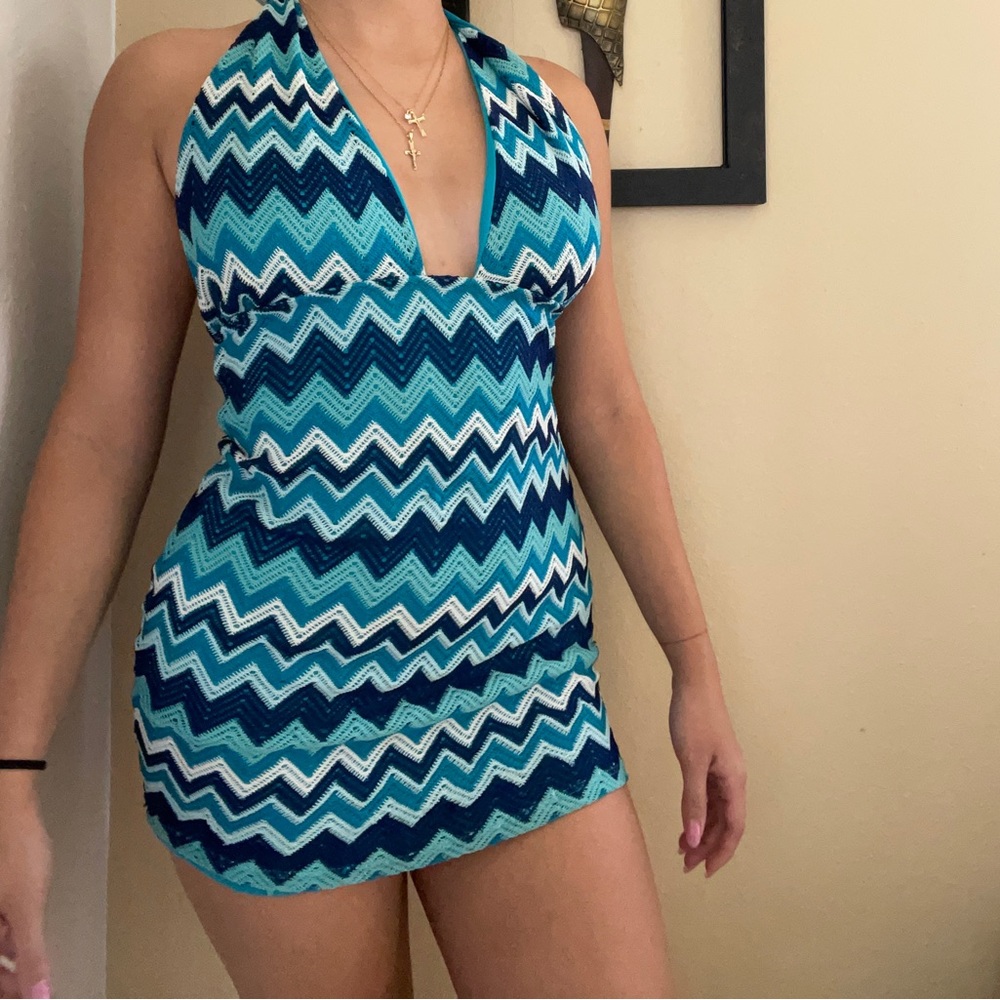 Vintage blue psychedelic halter mini dress